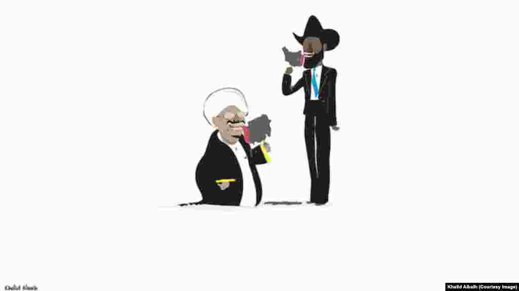 Le président soudanais Omar al-Béchir et le président sud-soudanais Salva Kiir léchent la crème glacée en forme de leur pays sur cette caricature de l&#39;artiste soudanais Khalid Albaih.