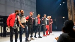 This image provided by Thoughts of a Colored Man shows Luke James, from left, playwright Keenan Scott II, Bjorn DuPaty, Forrest McClendon, Garrett Turner, Tristan Mack Wilds, and Bryan Terrell Clark performing in “Thoughts of a Colored Man” on Dec. 21, 2
