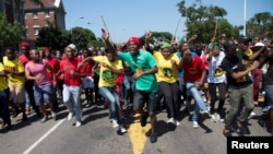 Students at the Durban University of Technology march as countrywide protests demanding free tertiary education continue in Durban, South Africa, Sept. 26, 2016.