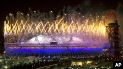 Fireworks explode during the Closing Ceremony of the 2012 Summer Olympics, Monday, Aug. 13, 2012, in London.