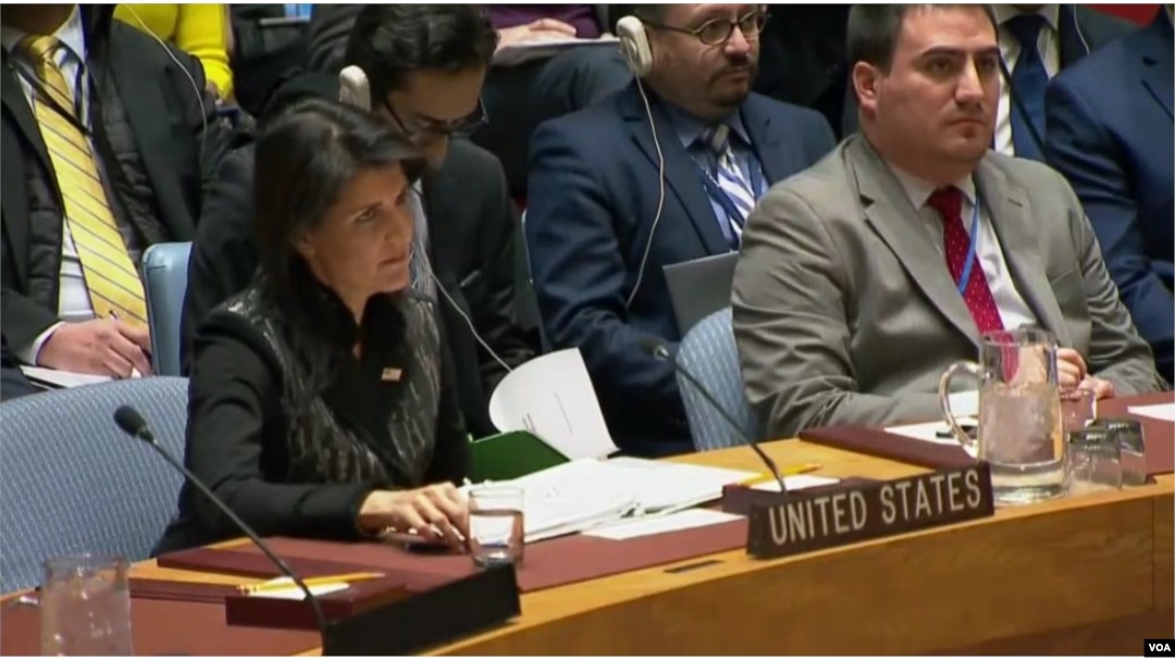 U.S. UN Ambassador Nikki Haley during an emergency UN Security Council meeting on the Iranian protests, Friday, Jan. 5, 2018.