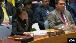 U.S. United Nations Ambassador Nikki Haley addresses an emergency UN Security Council meeting on the Iranian protests, Jan. 5, 2018.