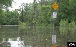 Heavy rains poured down on the Texas Gulf Coast and throughout eastern Texas overnight, leaving homes flooded, people stranded and roads closed, April 18, 2016. (G. Flakus/VOA)