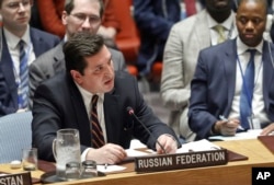 FILE - Russian Deputy U.N. Ambassador Vladimir Safronkov addresses the Security Council at U.N. headquarters in New York, April 5, 2017.