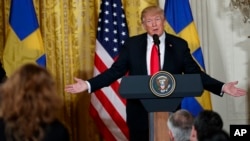 President Donald Trump speaks during a news conference with Swedish Prime Minister Stefan Lofven in the East Room of the White House, March 6, 2018.
