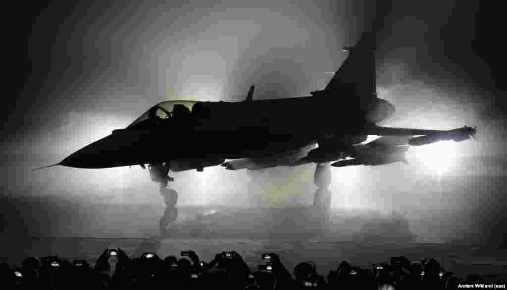 The new E version of the Swedish JAS 39 Gripen multirole fighter is rolled out at the SAAB in Linkoping, Sweden.
