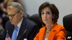 Roberta Jacobson, right, Assistant Secretary of State of the Bureau of Western Hemisphere Affairs, and Jeffrey DeLaurentis, chief of mission at the U.S. Interests Section in Havana, left, attend negotiations with Cuban officials, in Havana, Cuba, Jan. 22,