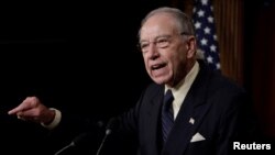 FILE - U.S. Senate Judiciary Committee Chairman Senator Chuck Grassley (R-IA) speaks during a news conference to discuss the FBI background investigation into the assault allegations against U.S. Supreme Court nominee Judge Brett Kavanaugh on Capitol Hill in Washington, Oct. 4, 2018.