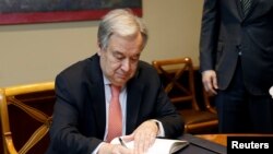 Le Secrétaire général de l'ONU, Antonio Guterres, à Genève, en Suisse, le 10 mai 2019. Salvatore Di Nolfi / Pool via REUTERS 