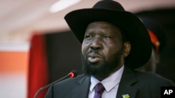 South Sudan's President Salva Kiir speaks at a special party conference in Juba, South Sudan, May 3, 2018. 