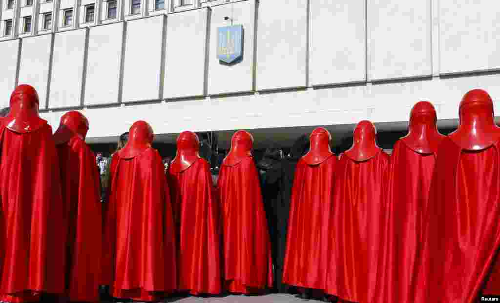 Activists from the Internet Party of Ukraine, dressed as Star Wars characters, hold a rally in front of the Ukrainian Central Elections Commission in Kyiv.