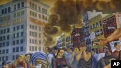 Mural by Ernest Fiene depicts the Triangle fire, in which 146 people, mostly women and teenage girls, were killed.