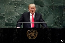 President Donald Trump addresses the 73rd session of the United Nations General Assembly, at U.N. headquarters, Sept. 25, 2018.