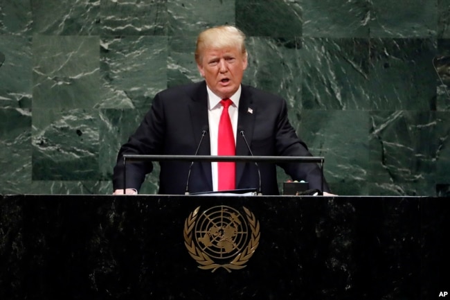 President Donald Trump addresses the 73rd session of the United Nations General Assembly, at U.N. headquarters, Sept. 25, 2018.