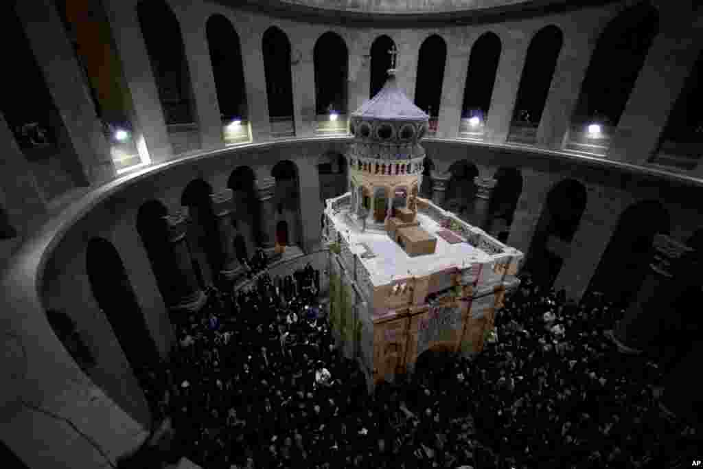 The renovated Edicule is seen during a ceremony in the Church of the Holy Sepulchre, traditionally believed to be the burial site of Jesus Christ, in Jerusalem&#39;s Old City.