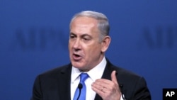Israeli Prime Minister Benjamin Netanyahu addresses the American Israel Public Affairs Committee (AIPAC) Policy Conference in Washington, March 5, 2012.