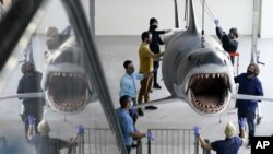 A fiberglass replica of Bruce, the shark featured in Steven Spielberg's classic 1975 film "Jaws," is raised to a suspended position for display at the new Academy of Museum of Motion Pictures, Friday, Nov. 20, 2020, in Los Angeles. (AP Photo/Chris Pizzello)