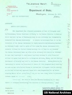 A telegram sent by Acting Secretary of State Frank L. Polk to the U.S. Embassy in Mexico City summarizing the Zimmermann Telegram.