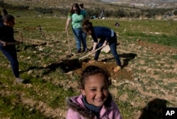 In this Friday, Jan. 25, 2019 photo, American rabbinical students plant olive trees, near the West Bank village of Attuwani, south of Hebron. (AP Photo/Nasser Nasser)