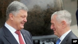 Tổng thống Ukraine Petro Poroshenko (trái) và Bộ trưởng Quốc phòng Mỹ Jim Mattis hội kiến ở Kiev, Ukraine, ngày 24 tháng 8, 2017.
