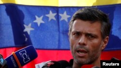 FILE - Venezuelan opposition leader Leopoldo Lopez talks to reporters at the residence of the Spanish ambassador in Caracas, Venezuela, May 2, 2019.