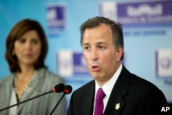 Mexico’s Foreign Minister Jose Antonio Meade speaks at a press conference in Antigua, Guatemala, June 26, 2015.