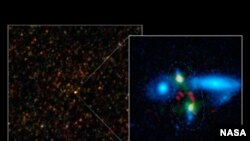 Several telescopes have teamed up to discover a rare and massive merging of two galaxies that took place when the universe was just 3 billion years old (its current age is about 14 billion years). (Photo: ESA/NASA/JPL-Caltech/UC Irvine/STScI/Keck/NRAO/SAO