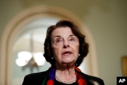 Senate Judiciary Committee Ranking Member Sen. Dianne Feinstein, D-Calif., speaks to the media about the FBI report on sexual misconduct allegations against Supreme Court nominee Brett Kavanaugh, on Capitol Hill, Oct. 4, 2018 in Washington.