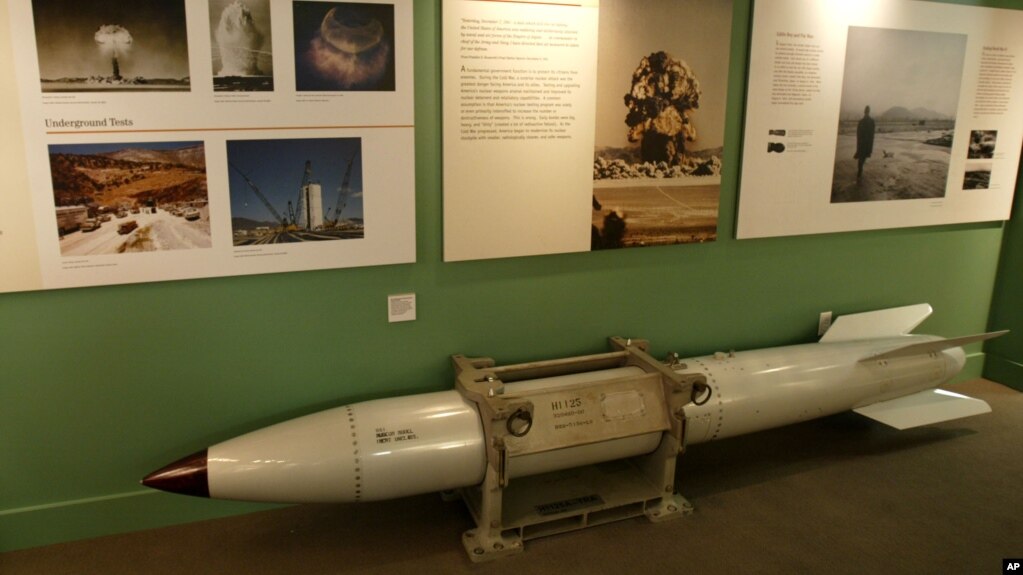 An empty B61 multipurpose thermonuclear tactical bomb is on display at the Atomic Testing Museum, Feb. 11, 2005, in Las Vegas. The museum is operated in conjunction with the Smithsonian Institution.