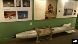 An empty B61 multipurpose thermonuclear tactical bomb is on display at the Atomic Testing Museum, Feb. 11, 2005, in Las Vegas. The museum is operated in conjunction with the Smithsonian Institution.