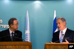 Israeli Prime Minister Benjamin Netanyahu, right, speaks during a news conference with U.N. Secretary-General Ban Ki-moon at the prime minister’s office in Jerusalem, Oct. 20, 2015.