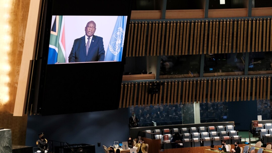 South Africa's President Matamela Cyril Ramaphosa speaks on screen during the 76th session of the U.N. General Assembly at U.N. headquarters in New York, Sept. 23, 2021.
