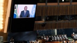 South Africa's President Matamela Cyril Ramaphosa speaks on screen during the 76th session of the U.N. General Assembly at U.N. headquarters in New York, Sept. 23, 2021.