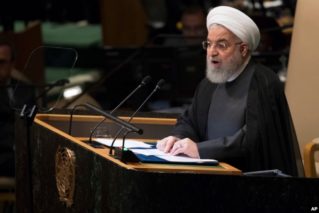 Iranian President Hassan Rouhani addresses the 73rd session of the United Nations General Assembly, Sept. 25, 2018 at U.N. headquarters.