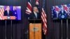 PM Australia Scott Morrison (tengah) dalam konferensi pers bersama secara virtual dengan PM Inggris Boris Johnson dan Presiden AS Joe Biden Kamis, 16 September 2021. 