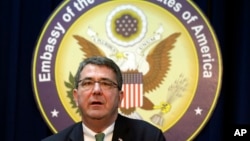 U.S. Deputy Secretary of Defense Ashton Carter answers reporter's question during a news conference at the U.S. Embassy in Seoul, South Korea, March 18, 2013. 