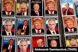 FINLAND -- Magnets depicting Russian President Vladimir Putin and U.S. President Donald Trump are displayed on sale at the Ruslania bookshop in Helsinki, October 2, 2018