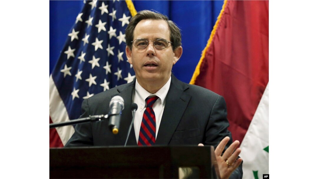 FILE - In this Oct. 1, 2015, photo, Stuart Jones speaks at a news conference at the U.S. Embassy in Baghdad, Iraq.