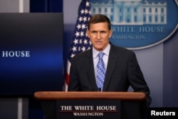 FILE - National security adviser General Michael Flynn delivers a statement daily briefing at the White House in Washington, Feb. 1, 2017.