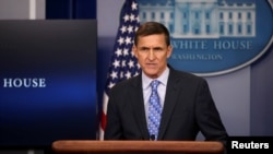 FILE - Then-national security adviser Michael Flynn delivers a statement at the White House in Washington, Feb. 1, 2017.