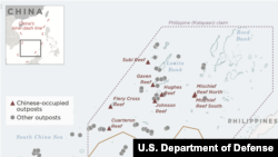 美国国防部报告公布的斯普拉特利群岛示意图显示中国已占领多个岛礁（美国国防部网站）