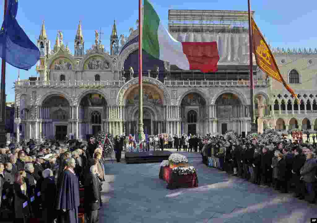 The coffin containing the body of Valeria Solesin is laid out in state during her funeral in Venice&#39;s St. Mark&#39;s Square, northern Italy. Valeria Solesin, the 28-year-old doctoral student from Venice, killed during the extremists&#39; attack on the Bataclan theatre in Paris, was at the Eagles of Death Metal concert with her Italian boyfriend and other friendson Nov. 13.