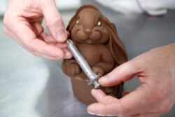 Pembuat permen dari Hungaria Laszlo Rimoczi menyelesaikan pembuatan kelinci Paskah cokelat di tokonya, di tengah pandemi COVID-19 di Lajosmizse, Hungaria, 9 Maret 2021. Gambar diambil 9 Maret 2021. (REUTERS / Bernadett Szabo)