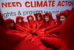 kelompok yang menamakan diri mereka "Red Rebels from Extinction Rebellion" berpartisipasi dalam aksi solidaritas di luar kantor Partai Liberal Australia di Sydney, Australia, 29 November 2019.