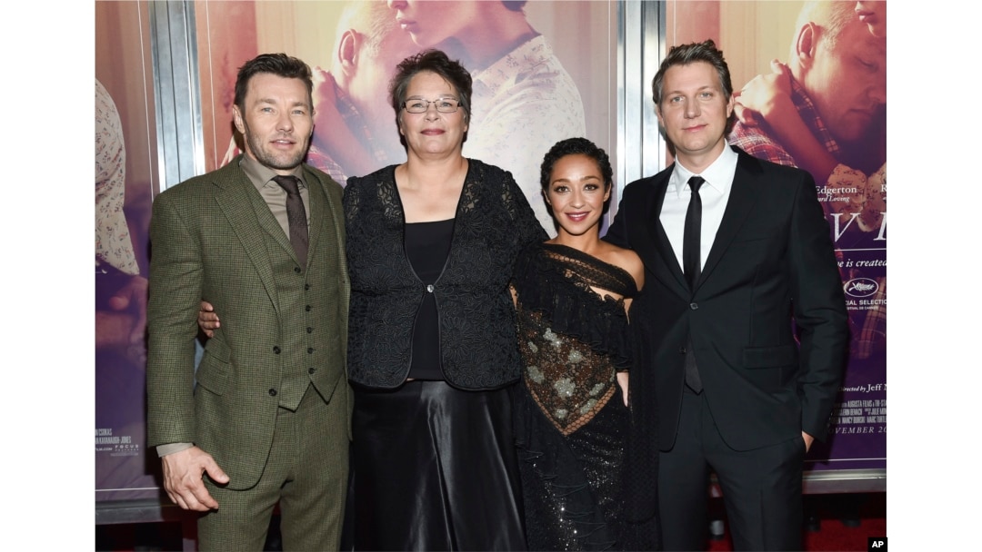 Actor Joel Edgerton, left, Peggy Loving a daughter of Richard and Mildred Loving, actress Ruth Negga and director Jeff Nichols attend the premiere of "Loving" at the Landmark Sunshine Cinema, Oct. 26, 2016, in New York.