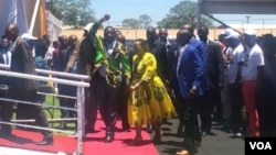 Emmerson Mnangagwa and his wife arriving at White City Stadium, Bulawayo, on Saturday for the Presidential Youth Interface Rally.