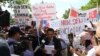 FILE: Cambodian Americans across the Untied States gathered together in front of the State Department to demand the Cambodian government to respect human rights and ensure free and fair elections in 2018, in Washington DC, on September 15, 2017. The protest was in the wake of Kem Sokha's arrest on September 3, and they demand the Cambodian government to release him immediately. (Say Mony/VOA Khmer)