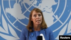 FILE: United Nations Special Rapporteur on Human Rights in Cambodia Rhona Smith speaks during a news conference in Phnom Penh, Cambodia, May 9, 2019. (REUTERS/Samrang Pring)