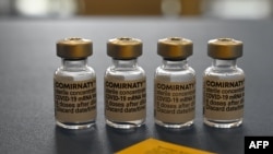 Used vials of Pfizer-BioNTech's Comirnaty COVID-19 vaccine against the novel coronavirus stand next to a vaccination card in a doctor's practice in Suhl, Germany, on May 6, 2021. 