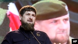 FILE - Chechen regional leader Ramzan Kadyrov speaks at celebrations marking Defenders of the Fatherland Day in Chechnya's provincial capital Grozny, Russia, Feb. 20, 2016.